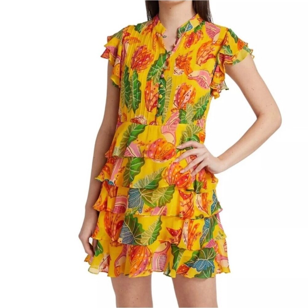 Farm Rio Yellow Beaks and Banana Tiered Ruffle Dress